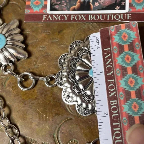 Spring Boho EASTER Gift Southwest Silver Chain belt adjustable 48” Turquoise - Picture 9 of 16